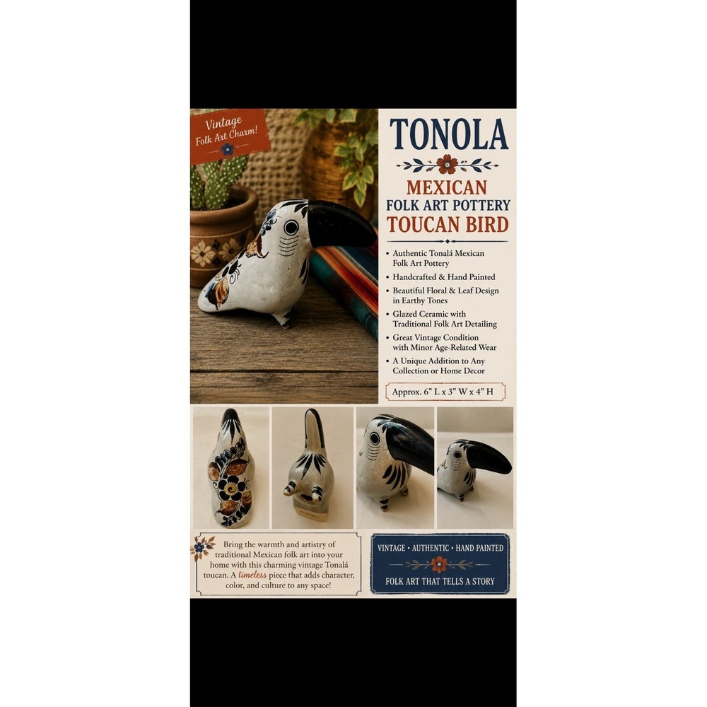 Vintage Tonala Bird Figurine Hand Painted Mexican Folk Art Pottery Toucan